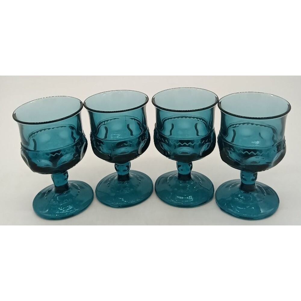 Vintage Indiana Glass Set of 4 Kings Crown Teal Thumbprint Small 4.25” Goblets